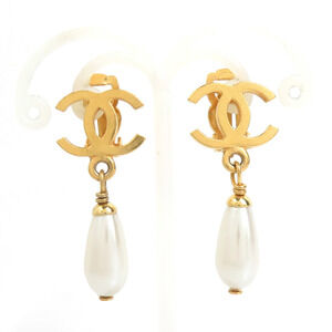 Chanel earrings, Coco Mark design, metal, faux pearl, gold, white, women's, e...